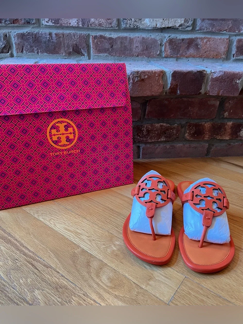 Tory Burch Orange Two-Toned Tumbled Leather Miller Sandals